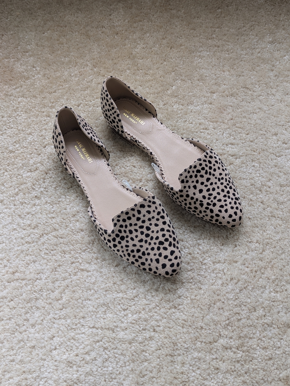 Isaac Mizrahi Beige and Black Spotted D'Orsay Flats
